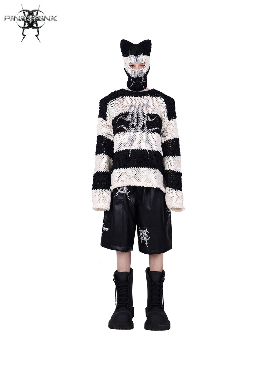 PINKSPINK MIRROR striped cat-ear knit balaclava in black white stripes — front full-length modeled view with the matching striped sweater