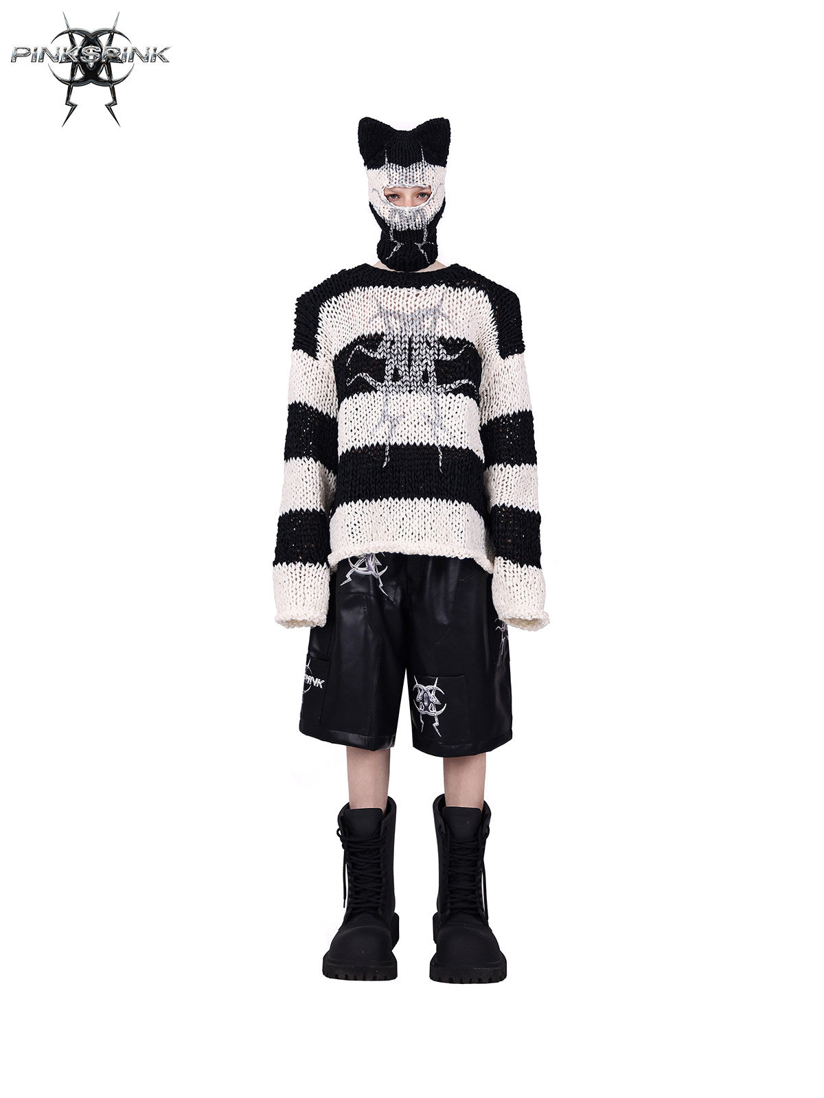 PINKSPINK MIRROR striped cat-ear knit balaclava in black white stripes — front full-length modeled view with the matching striped sweater