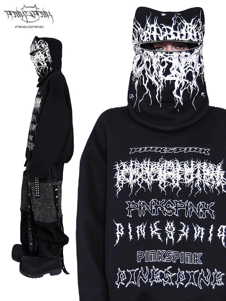 PINKSPINK MASK DECOMPOSITION hoodie — front view of the black oversized hoodie with stacked white logo prints and zip-configurable hood