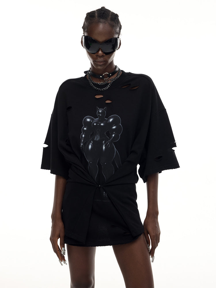 PINKSPINK FUTURE CAT distressed oversized tee in black — front modeled close-up with the waist cinched