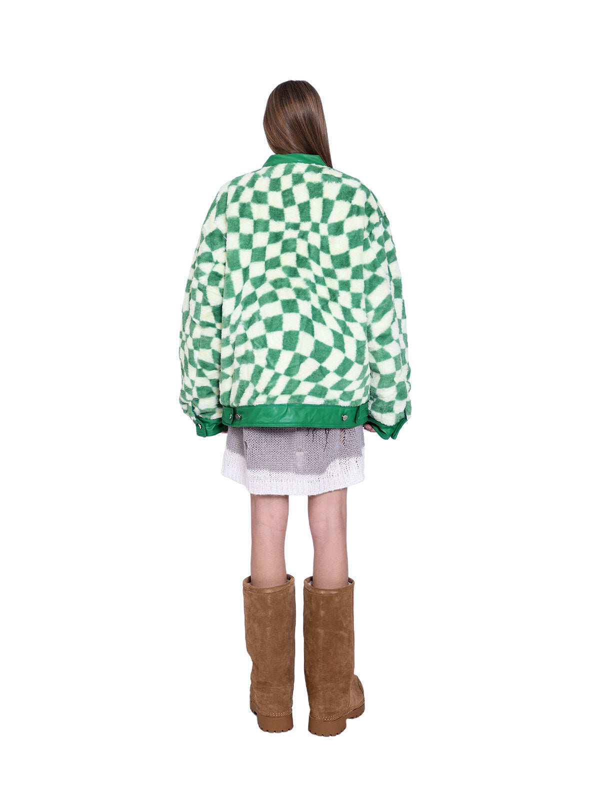 PINKSPINK WARPED checkerboard padded faux-fur jacket — green checkerboard jacket — full-length back modeled view