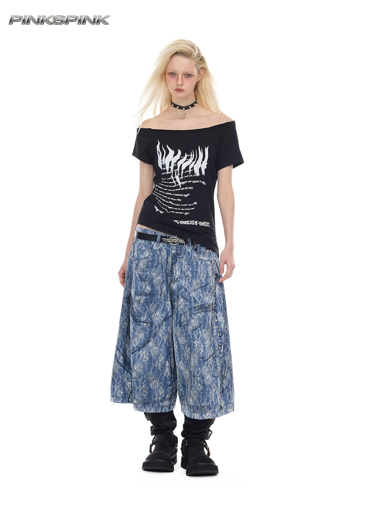 PINKSPINK ELECTRIC MOON lace-coated wide-leg denim shorts in blue — full-length front modeled view styled with a black off-shoulder tee