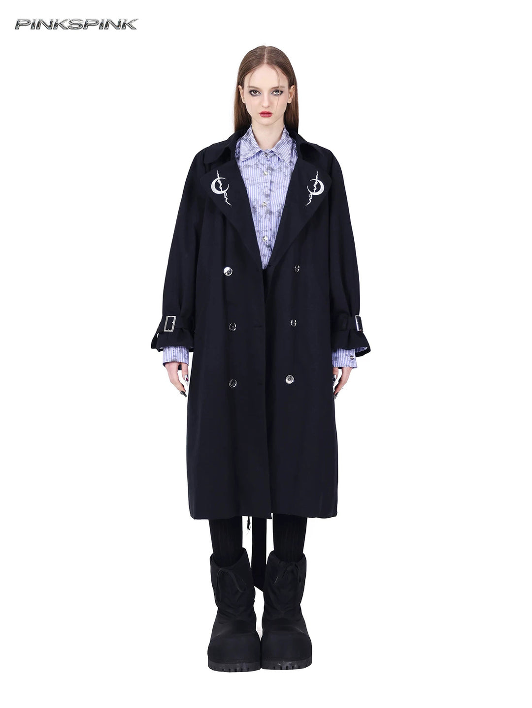 PINKSPINK ELECTRIC MOON reversible patchwork trench coat in black — full-length buttoned front view showing embroidered crescent lapels