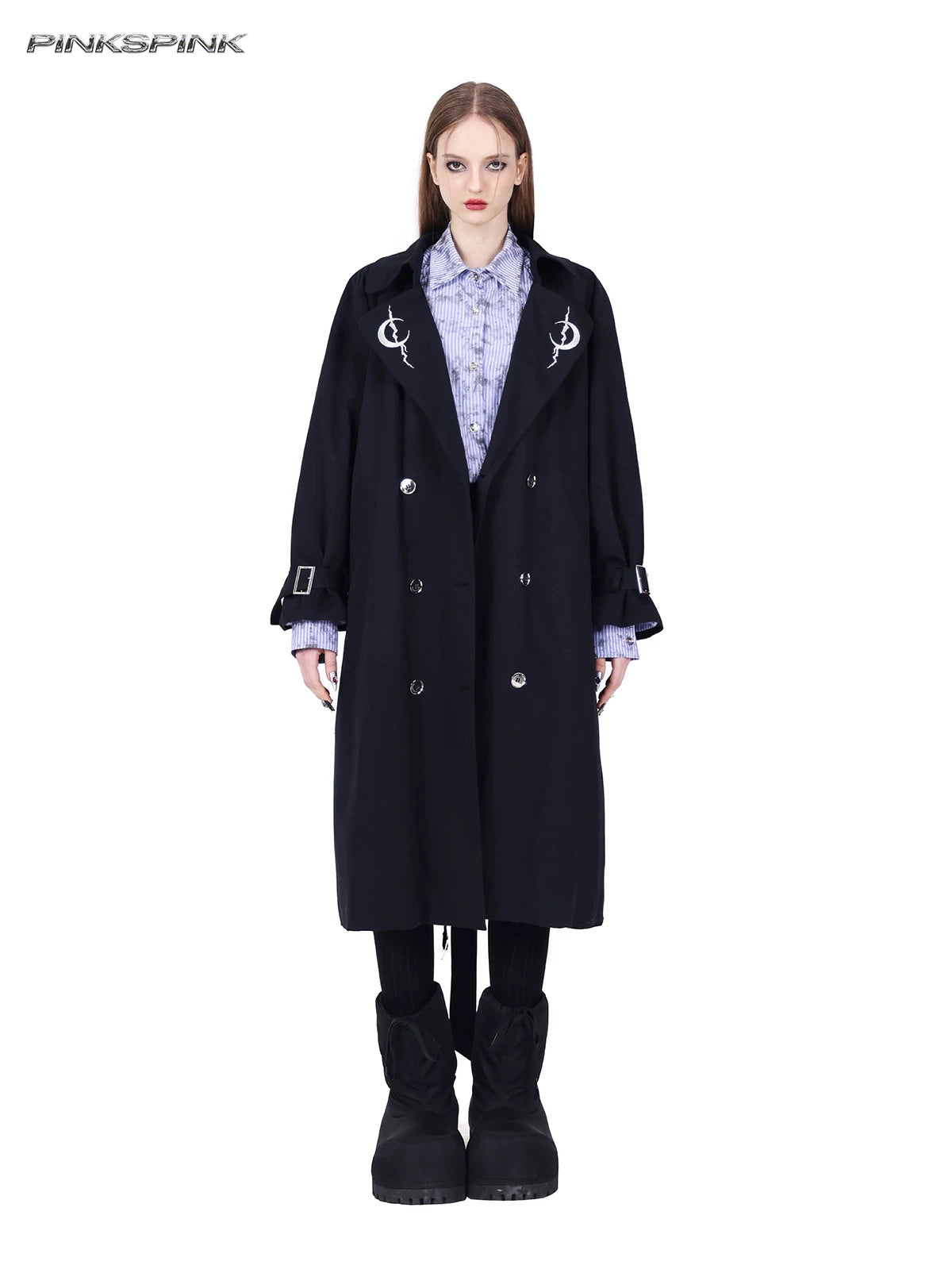PINKSPINK ELECTRIC MOON reversible patchwork trench coat in black — full-length buttoned front view showing embroidered crescent lapels