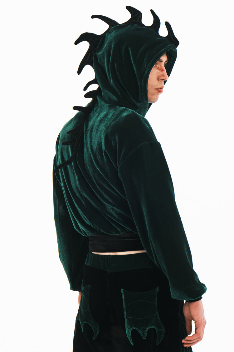 EMBRYO GREEN SPIKE cropped velvet hoodie — side profile