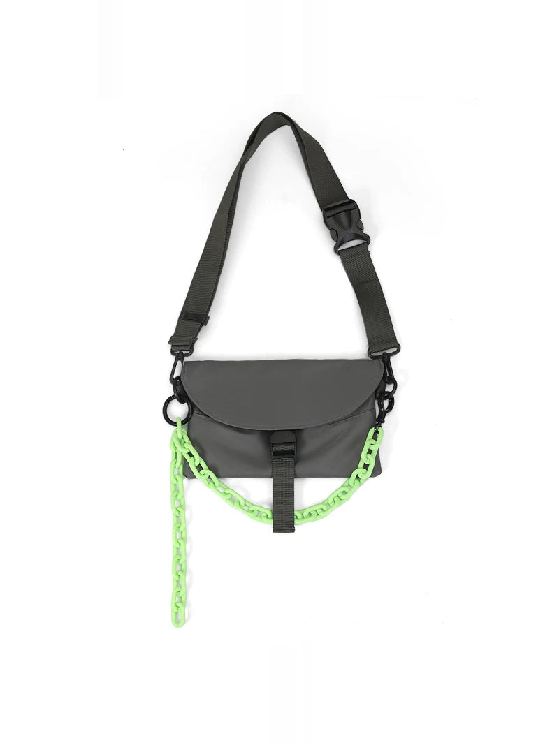 OFF-LABEL crossbody bag in gray with fluorescent green detachable chain
