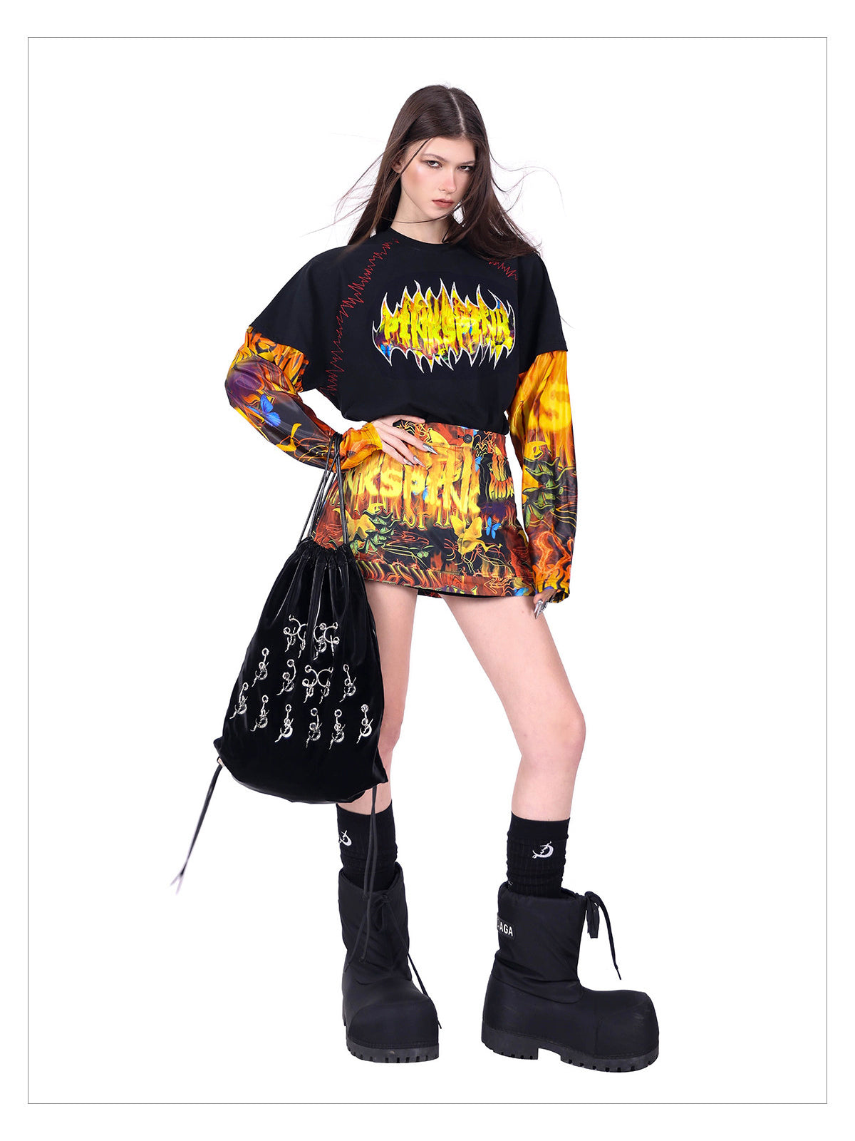 PINKSPINK FIRE CAT layered-sleeve graphic tee — product detail view showing texture and hardware