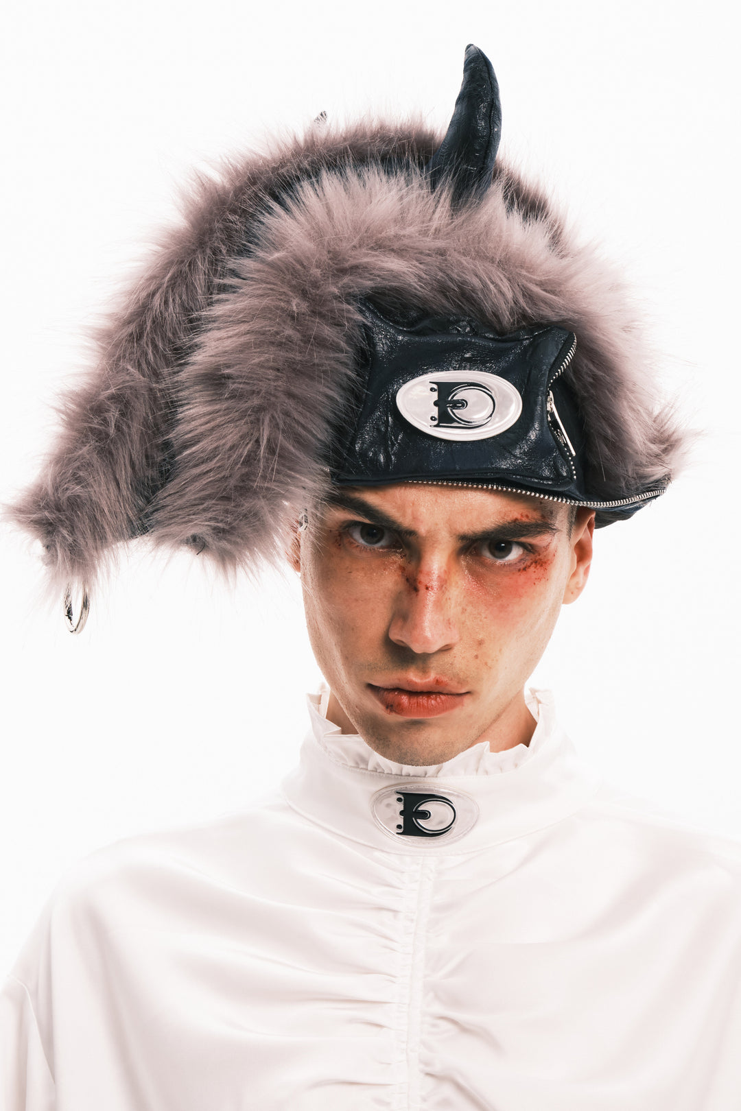 EMBRYO HORNFORM faux-fur hat & bag — close modeled view