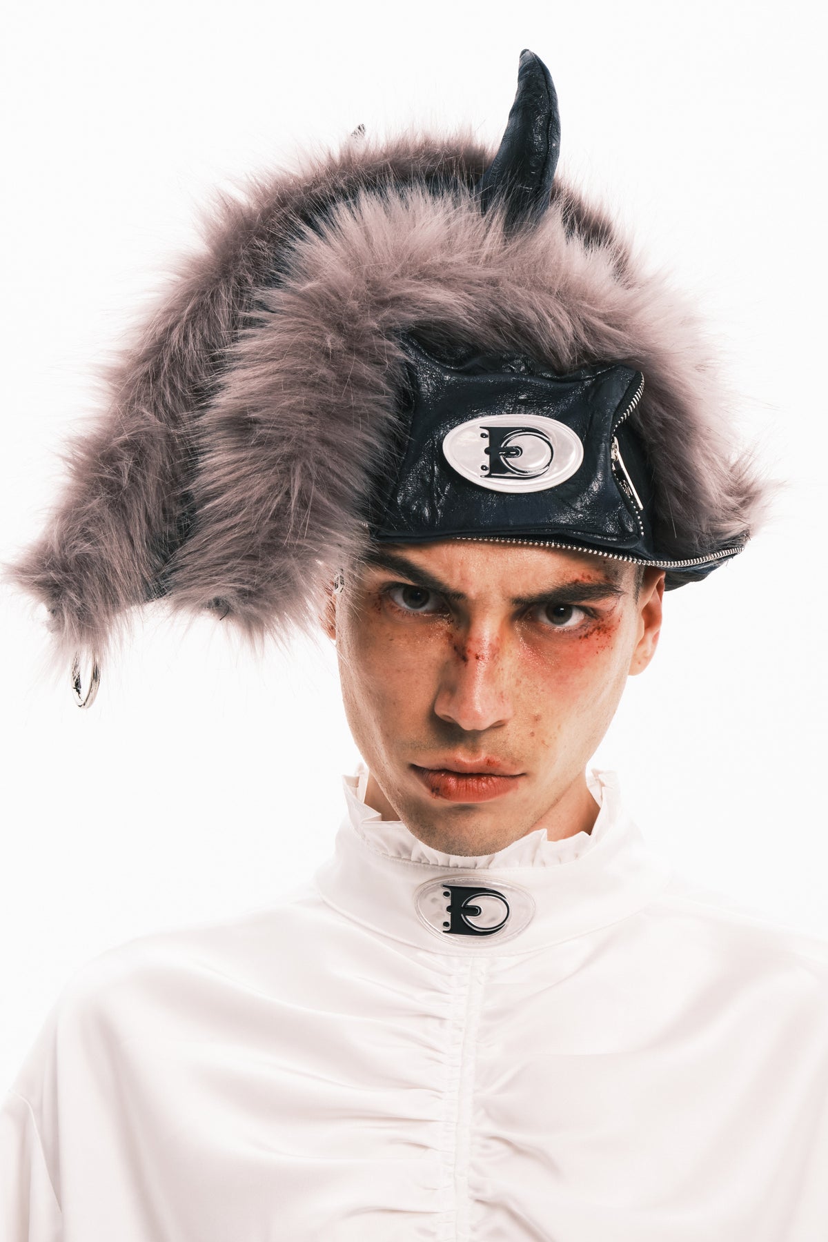 EMBRYO HORNFORM faux-fur hat & bag — close modeled view