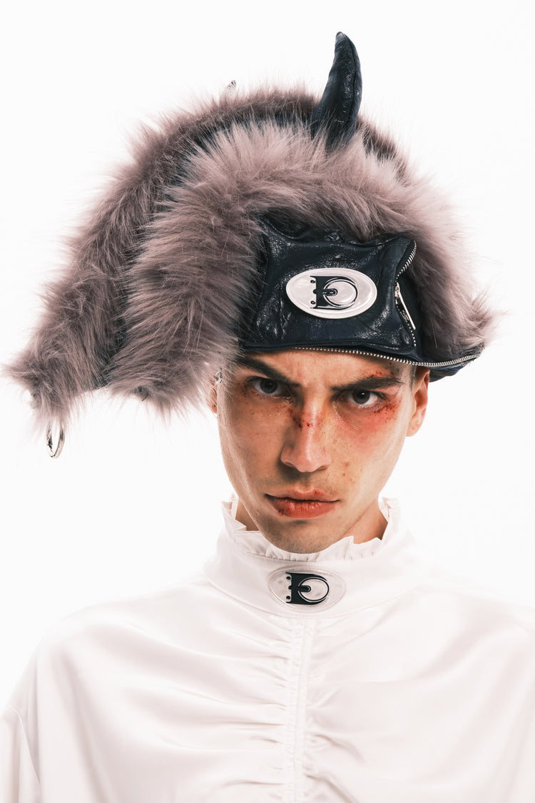 EMBRYO HORNFORM faux-fur hat & bag — close modeled view