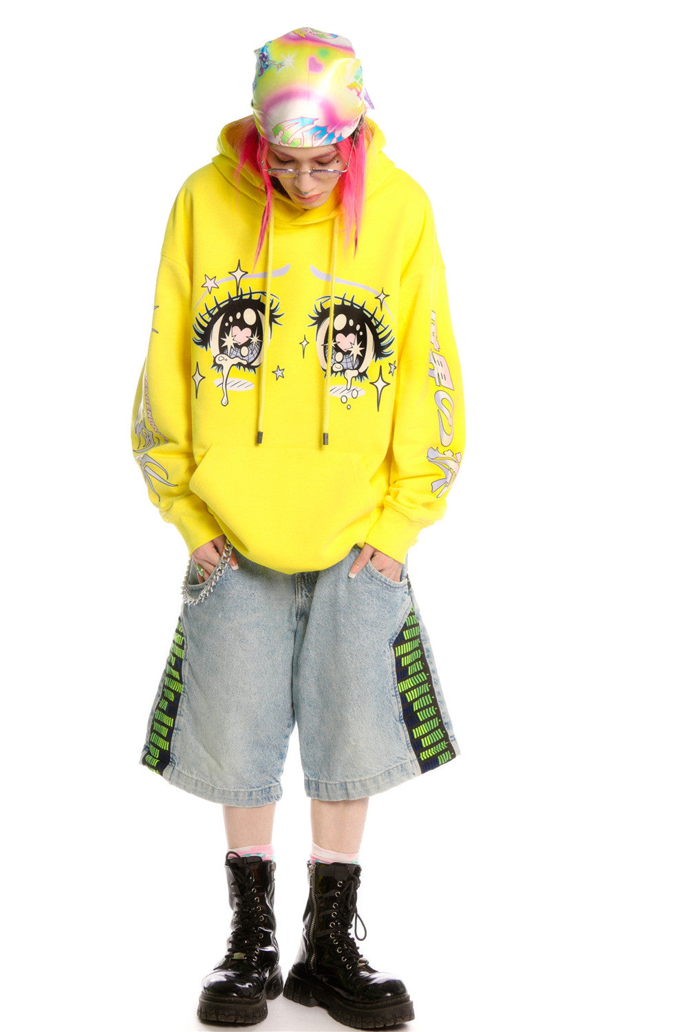 DEADENDKIDS ANIME TEARS oversized graphic hoodie — alternate modeled angle