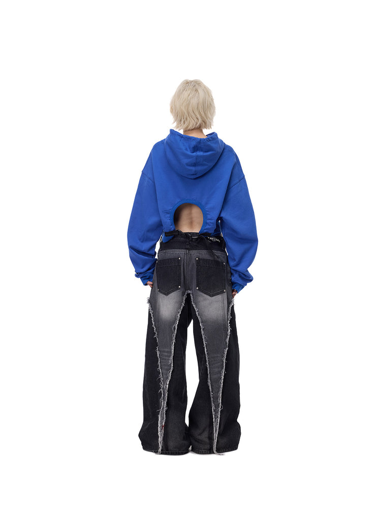 PINKSPINK THORN SIGNAL open-back cropped hoodie — Klein blue back full-length view showing cutout