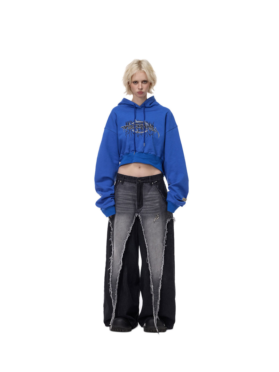 PINKSPINK ELECTRIC MOON reconstructed wide-leg jeans — front full-length styling with blue cropped hoodie