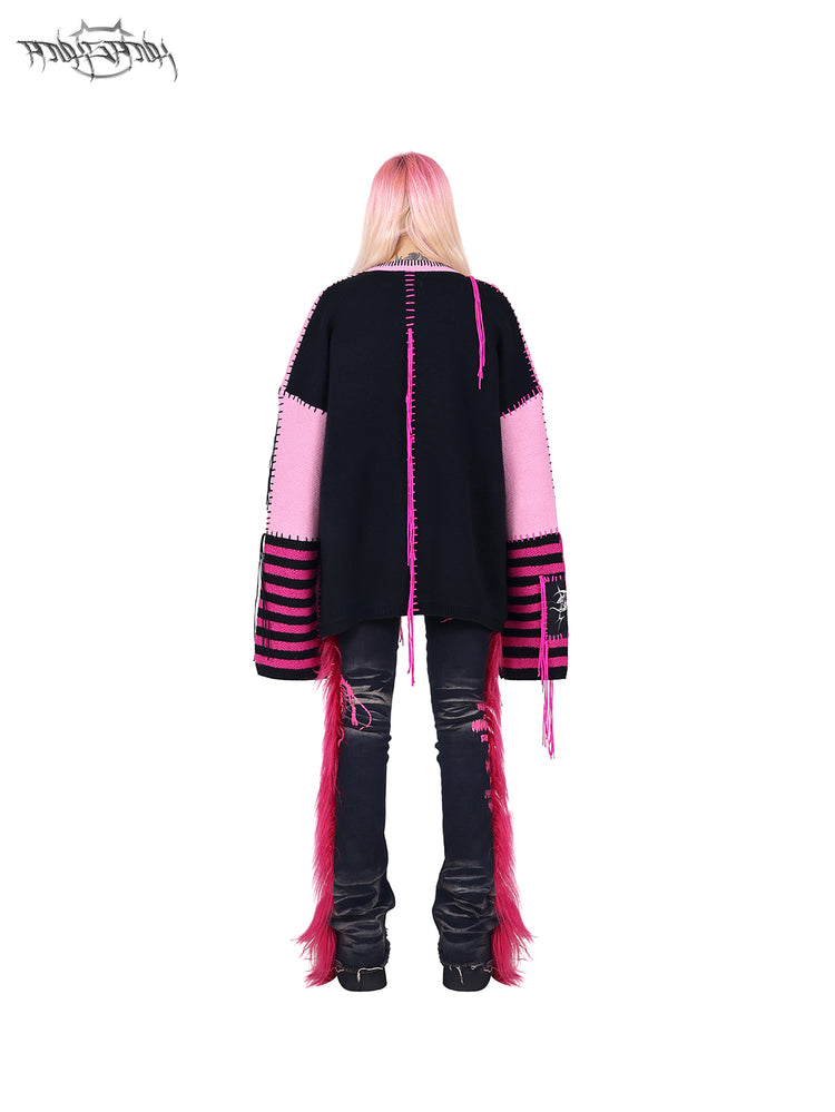 PINKSPINK BARBIE faux-fur flared jeans in PINK — rear full-body view with a pink-and-black sweater.