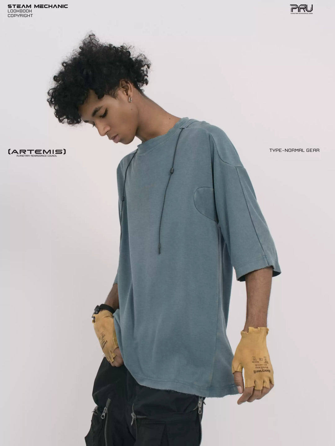 LIGHTSHADOW mycelium blue deconstructed technical tee — angled front three-quarter view looking down