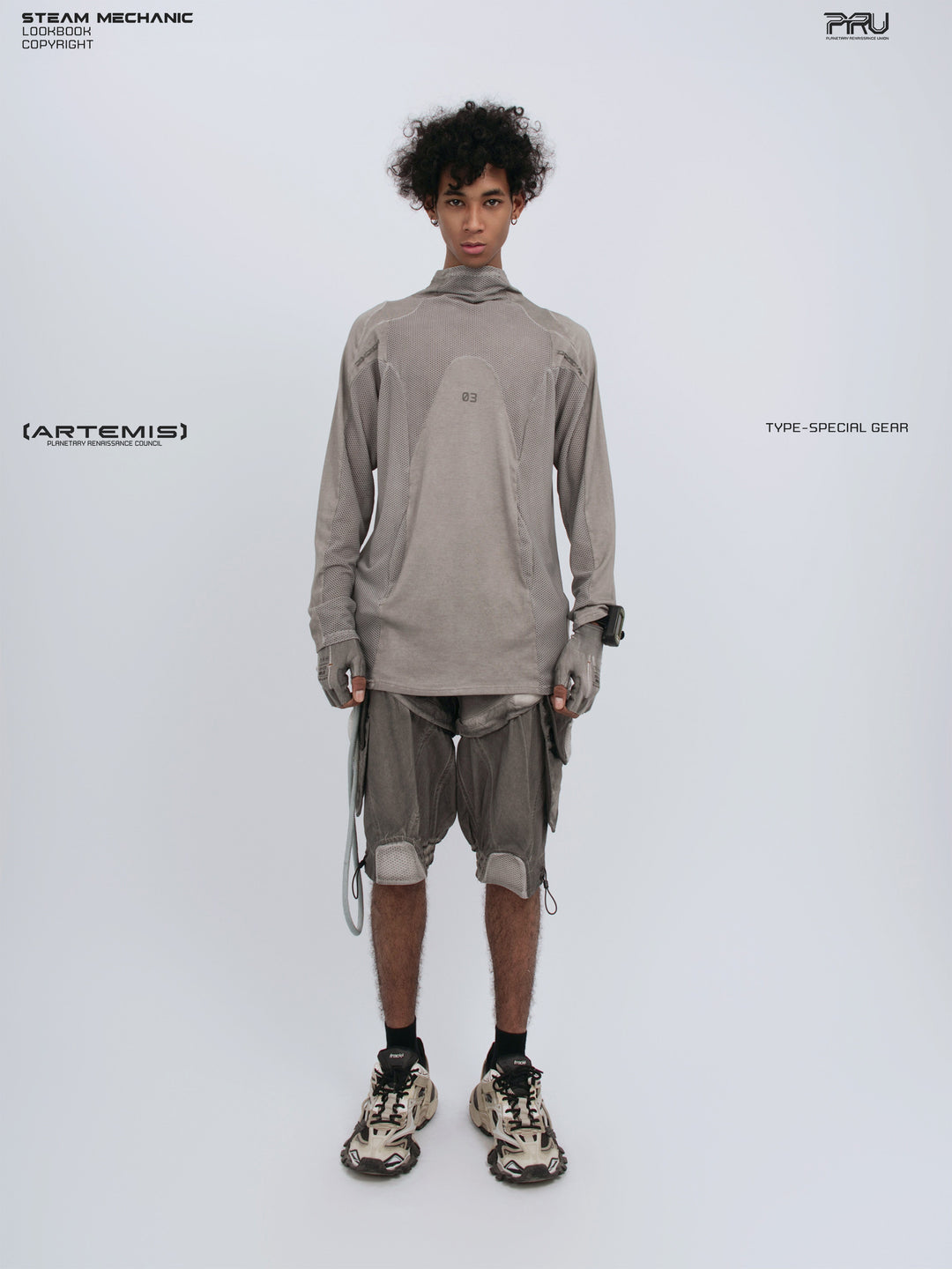 STARCORE mesh-panel long-sleeve top in dusk cloud gray — full-length front modeled view with hem down