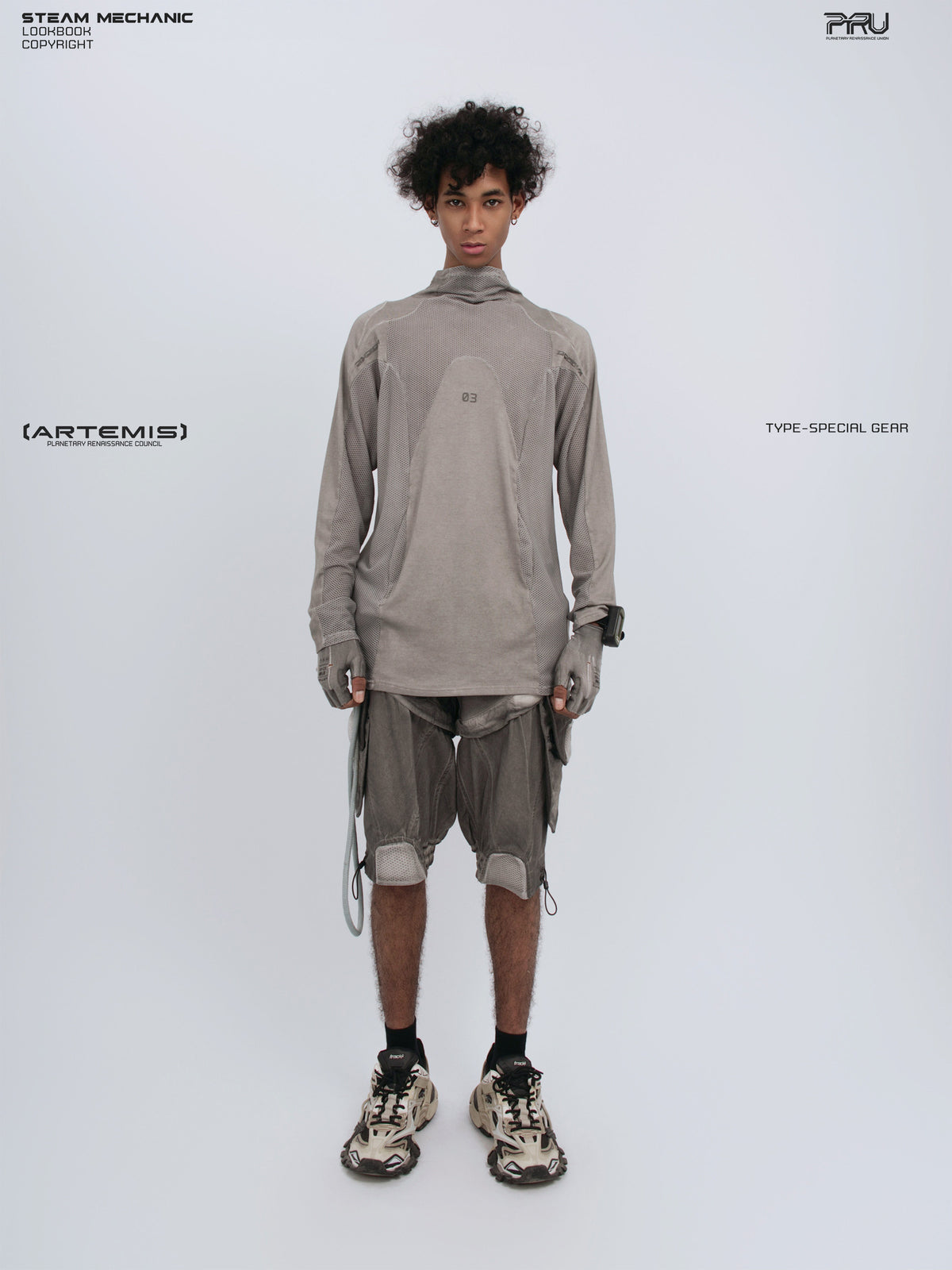 STARCORE mesh-panel long-sleeve top in dusk cloud gray — full-length front modeled view with hem down