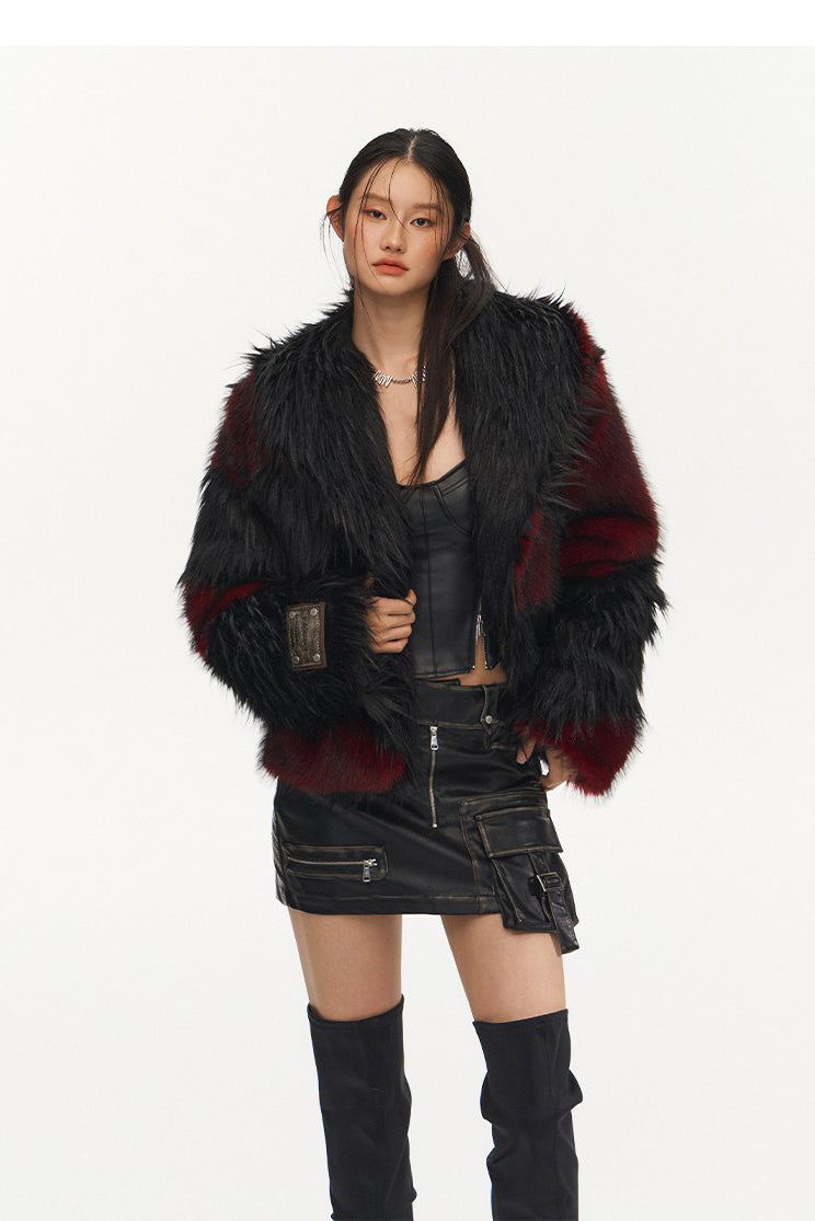 NAWS NIGHT GARDEN faux-fur jacket — close modeled view highlighting the construction