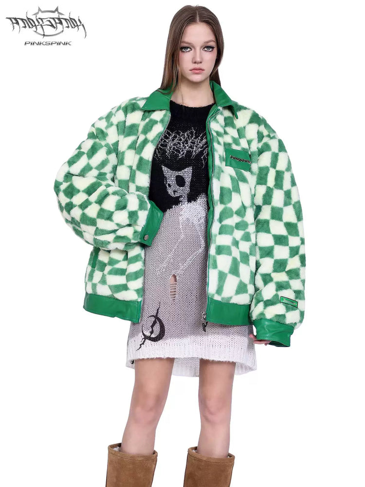 PINKSPINK WARPED checkerboard padded faux-fur jacket — green checkerboard jacket — close front view with zipper open