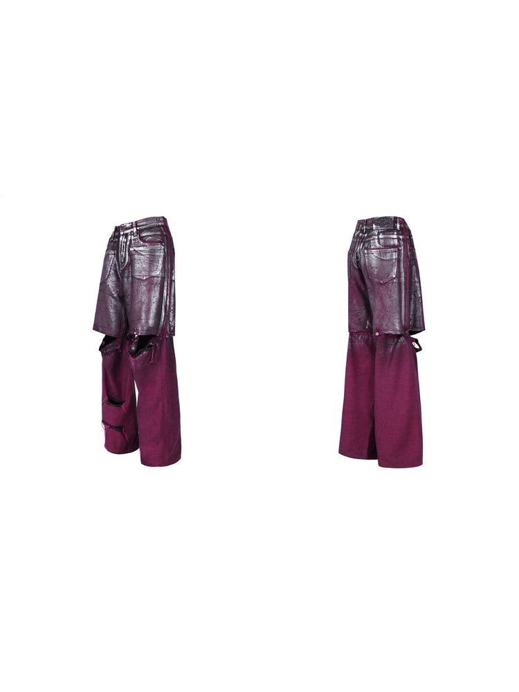 PINKSPINK ELECTRIC MOON silver-coated convertible jeans in burgundy silver — front and back garment-only views