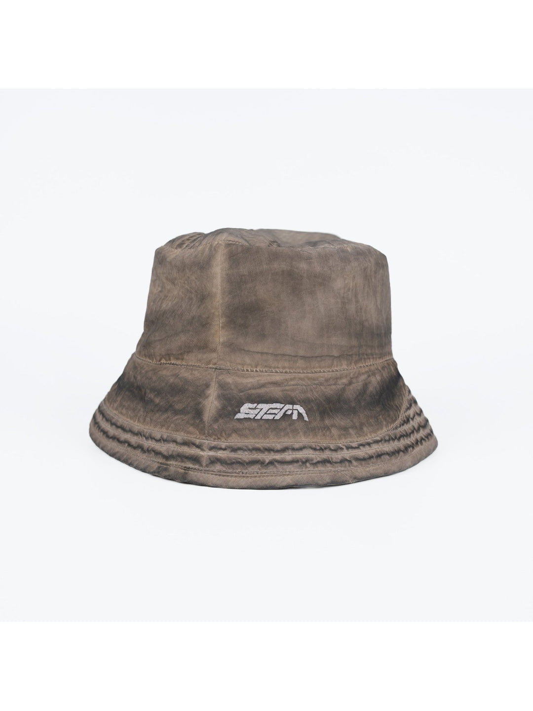 PIONEER mercury brown distressed nylon bucket hat — front garment-only view showing the structured crown and stitched brim