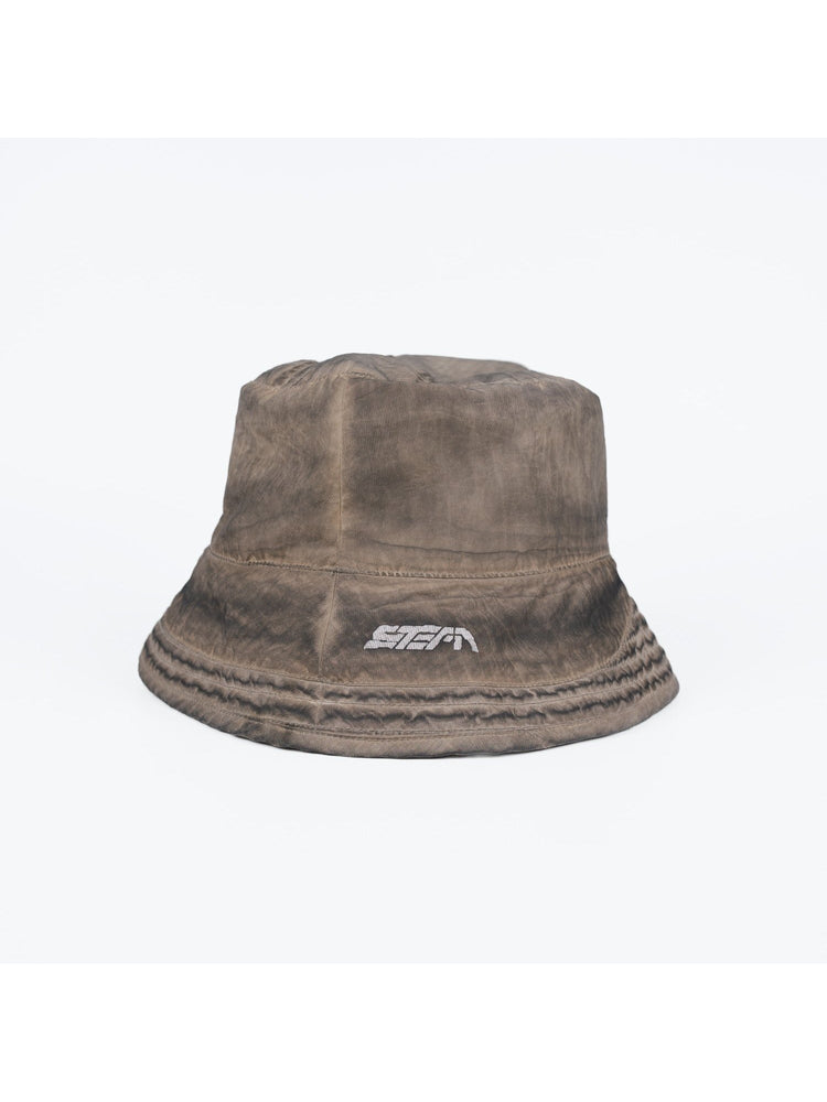 PIONEER mercury brown distressed nylon bucket hat — front garment-only view showing the structured crown and stitched brim