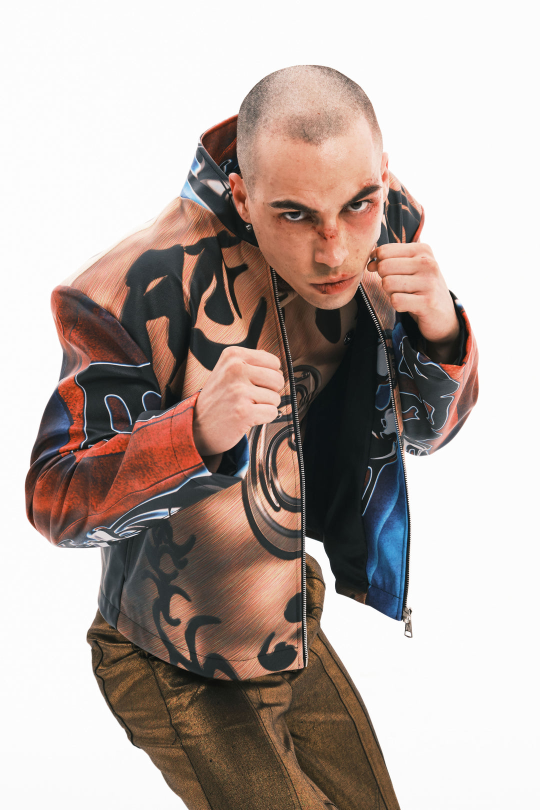 EMBRYO POWER TOTEM muscle-print PU leather jacket — close modeled styling view