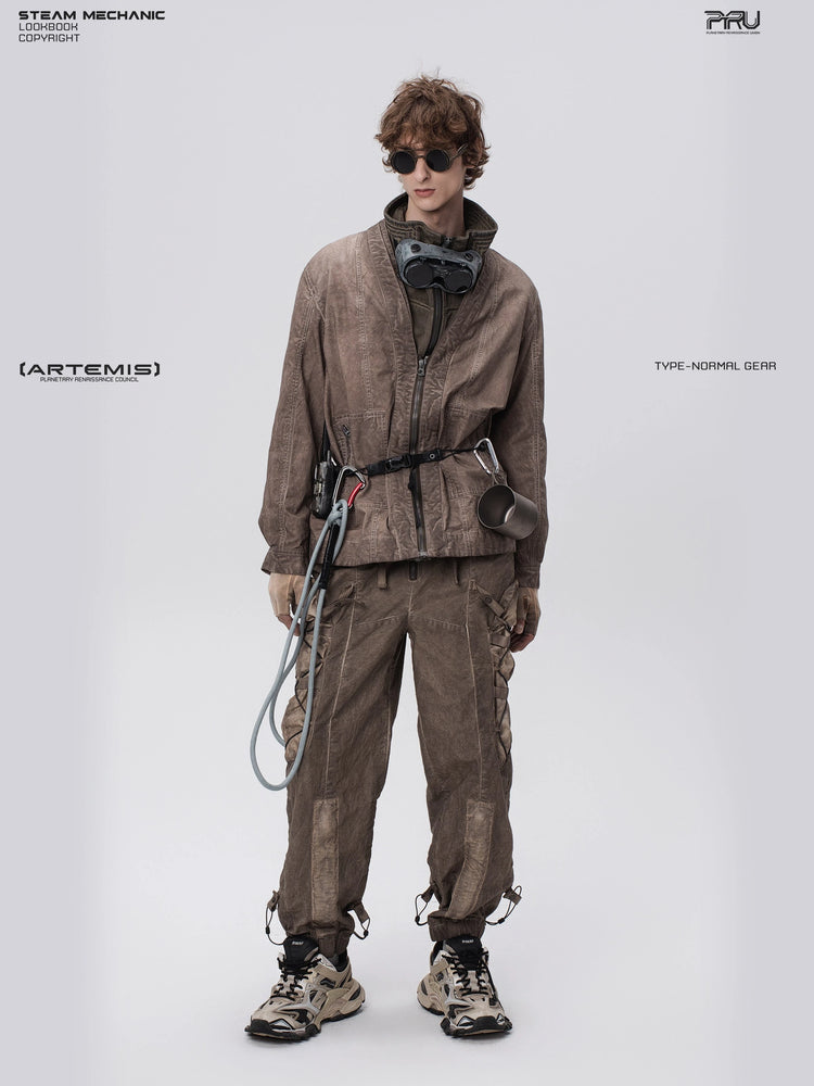 GAIA ochre brown open-collar technical robe — full-length front modeled view