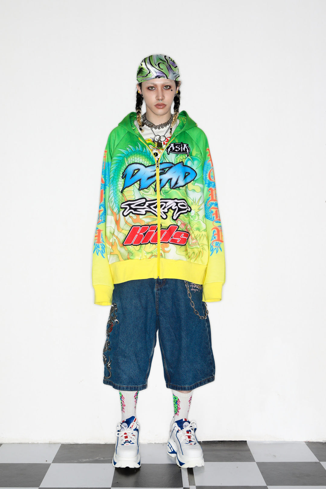 DEADENDKIDS DRAGON RIOT fleece zip hoodie — full-length modeled view