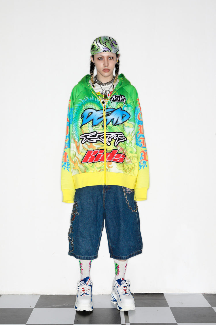 DEADENDKIDS DRAGON RIOT fleece zip hoodie — full-length modeled view