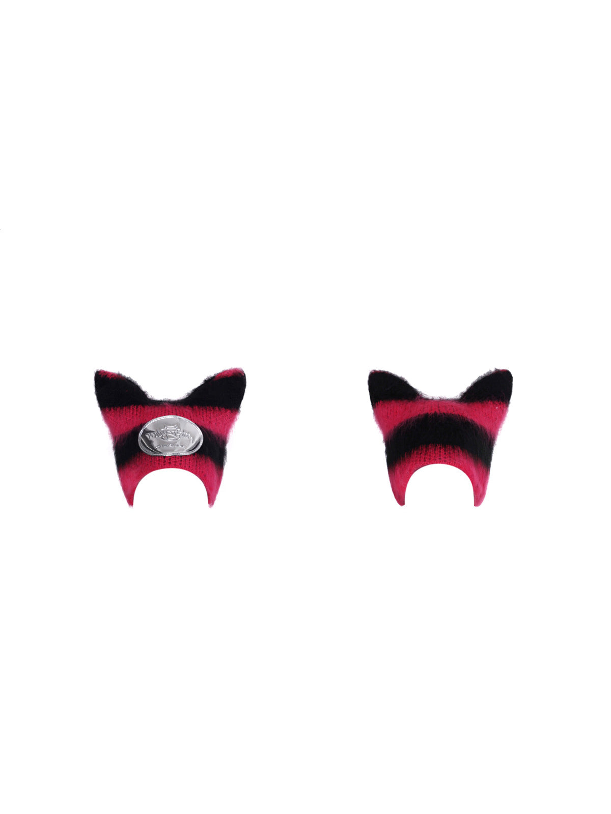 PINKSPINK SPHYNX striped cat-ear knit hat in black pink — front and back garment-only views of the pointed cat-ear shape
