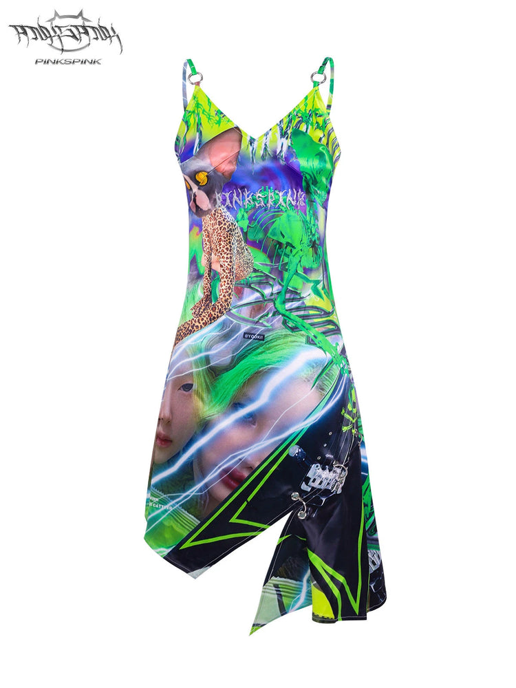 PINKSPINK SPHYNX fluorescent portrait asymmetric dress — garment-only front view showing the asymmetric hem