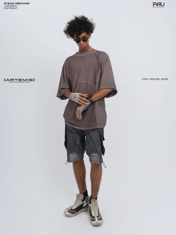 STARFIELD WELDER dust mist purple distressed mesh tee — full-length front view adjusting a watch