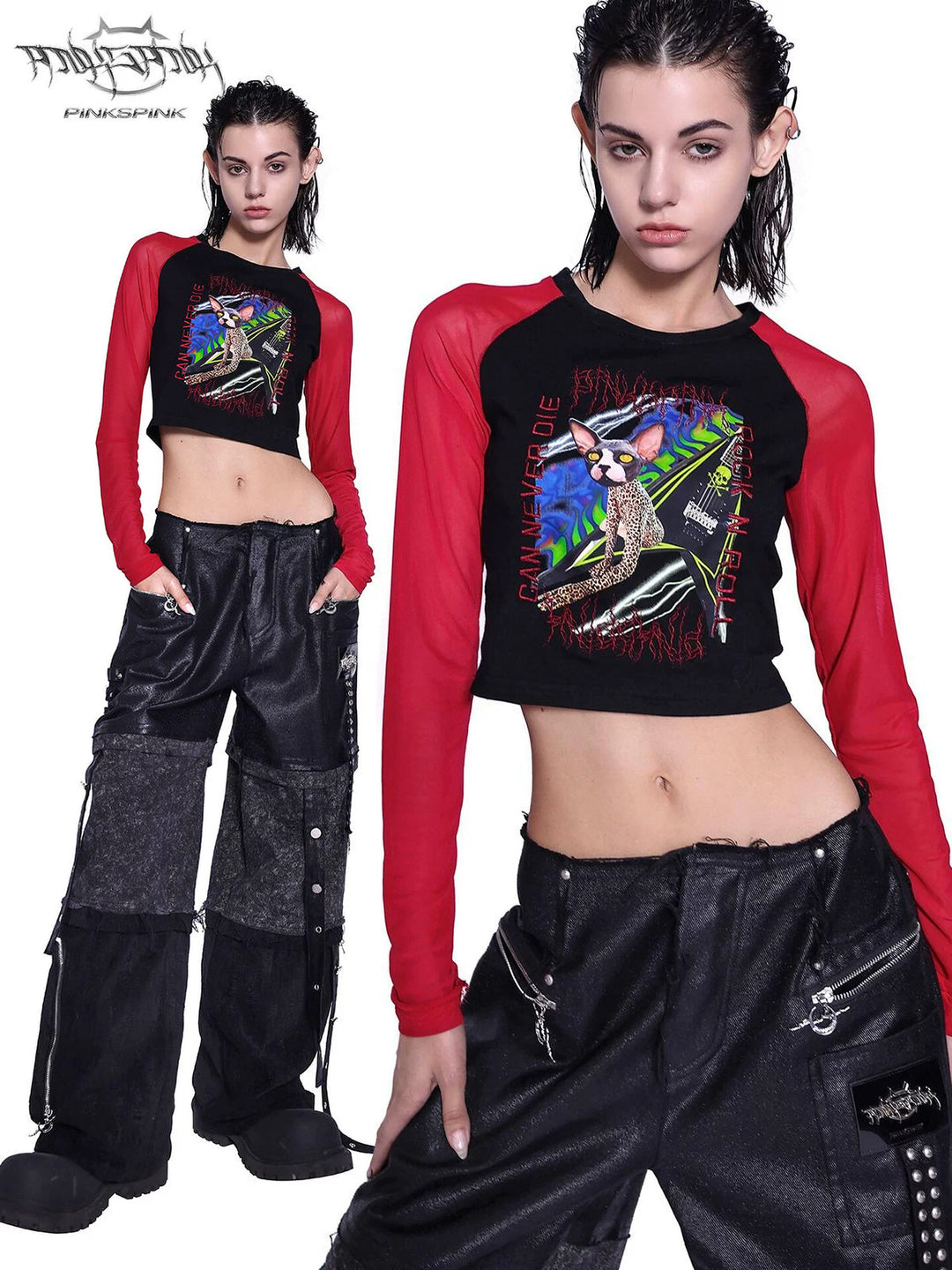 PINKSPINK SPHYNX red mesh-sleeve cropped graphic tee — black and red cropped tee — front modeled collage