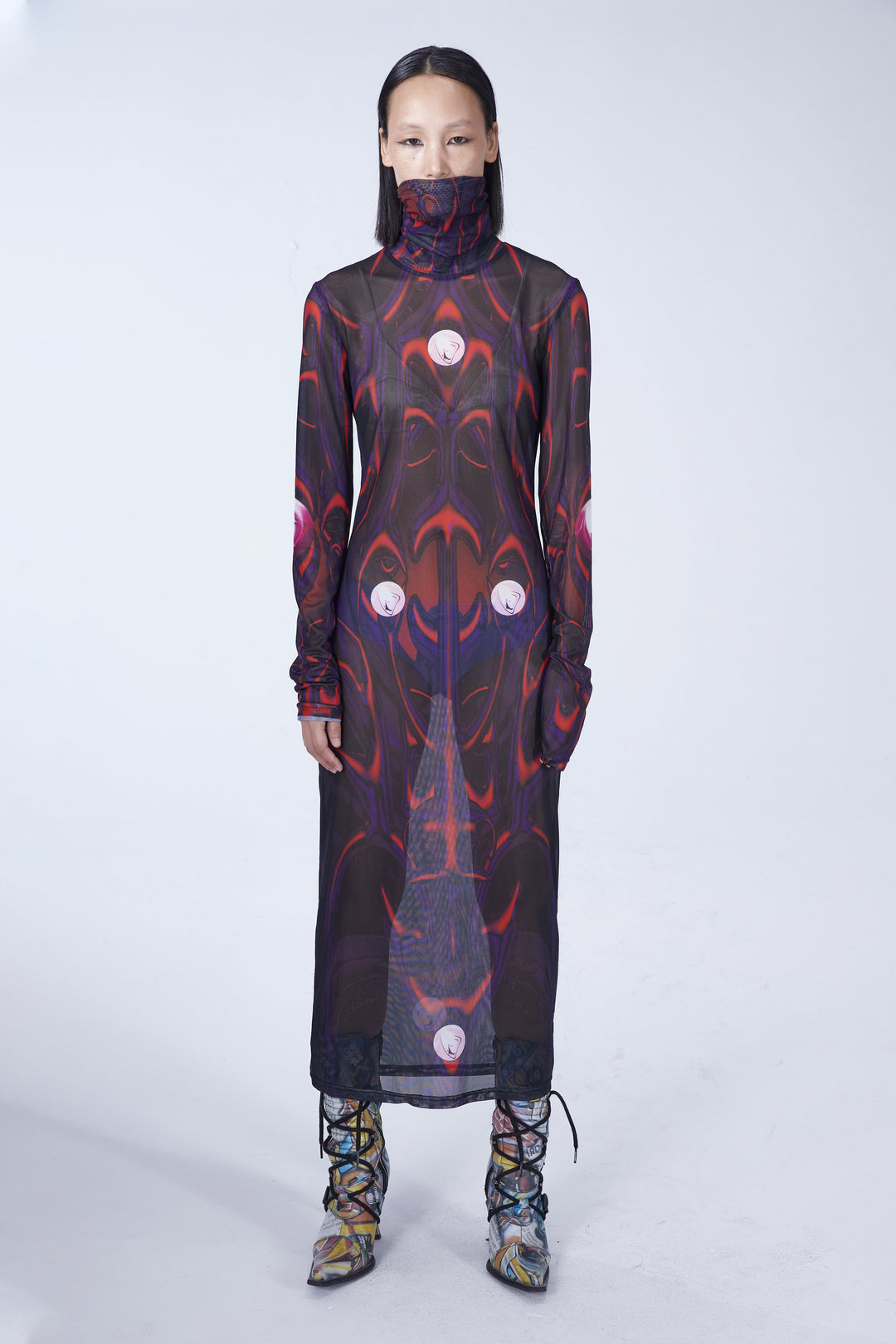 EMBRYO BODY TOTEM mesh maxi dress — full-length modeled view
