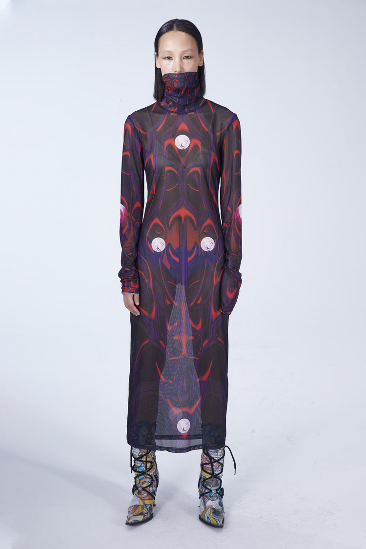EMBRYO BODY TOTEM mesh maxi dress — full-length modeled view