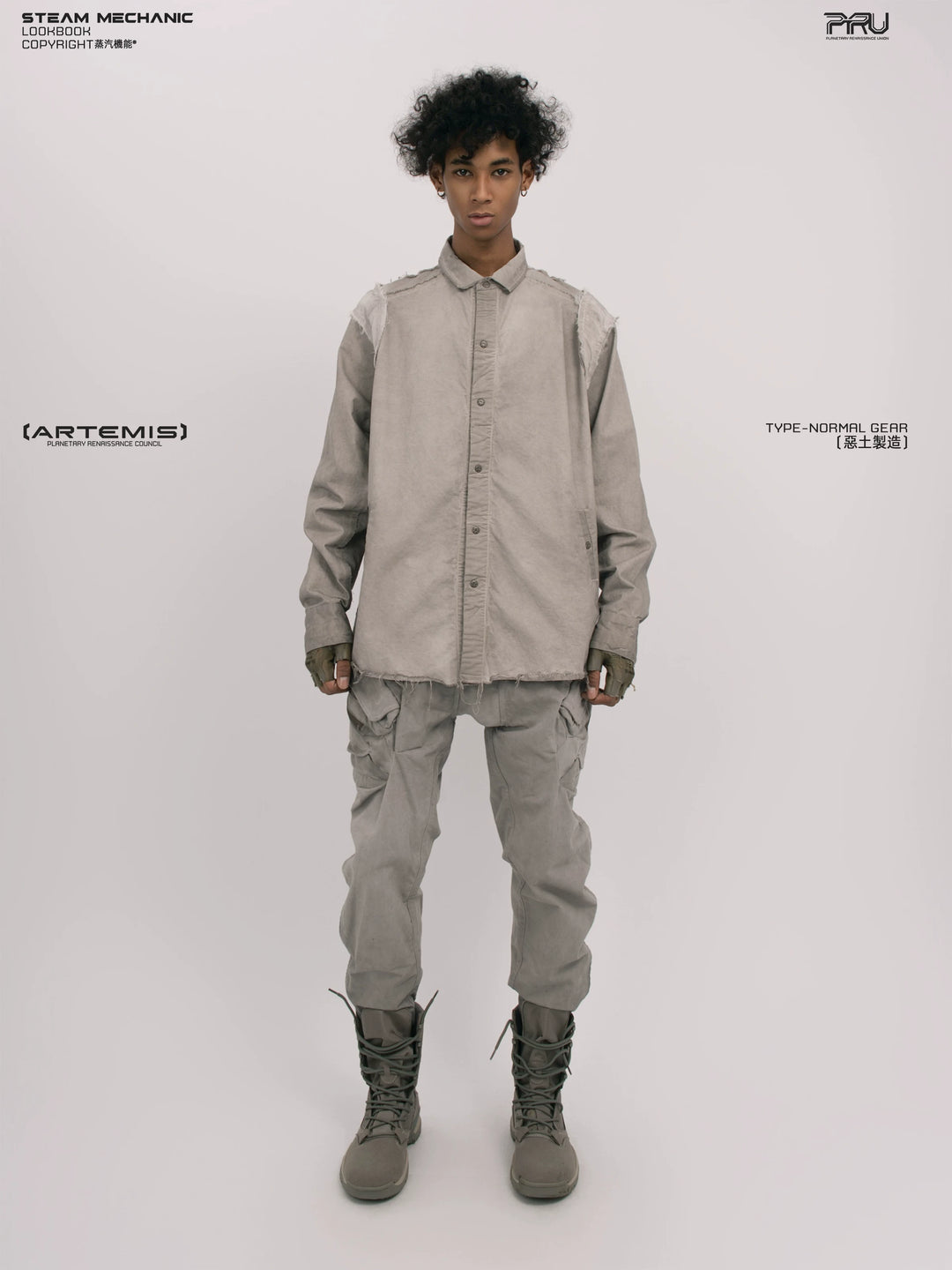 CHAOS ERA nightfall gray raw-edge technical shirt — front modeled product view