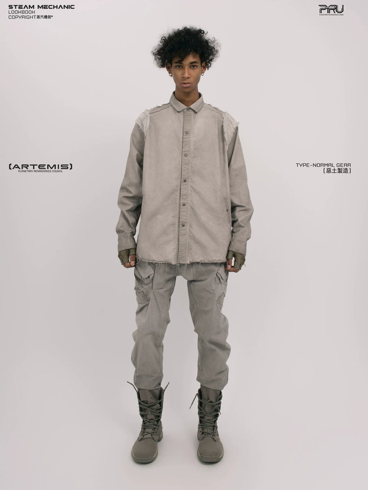 CHAOS ERA nightfall gray raw-edge technical shirt — front modeled product view