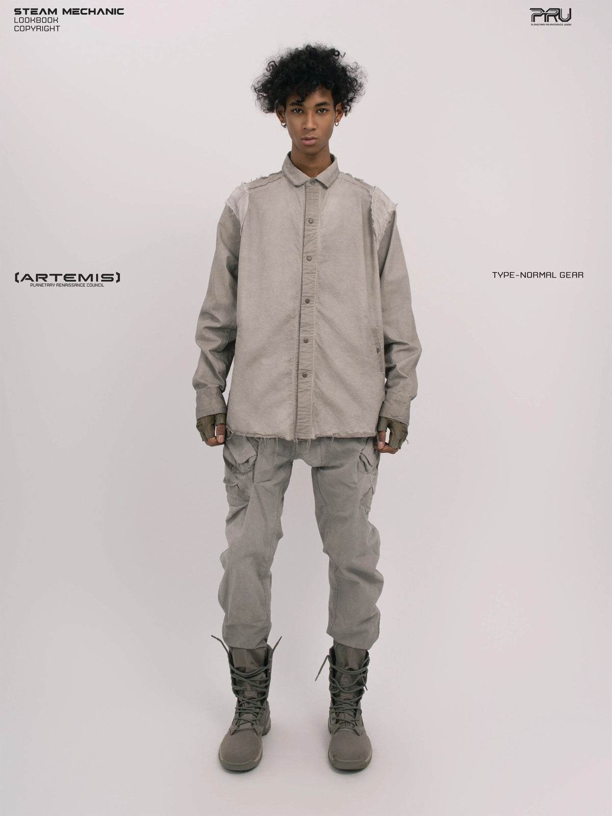 CHAOS ERA nightfall gray raw-edge technical shirt — full-length front modeled view