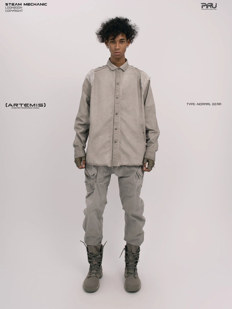 CHAOS ERA nightfall gray raw-edge technical shirt — full-length front modeled view