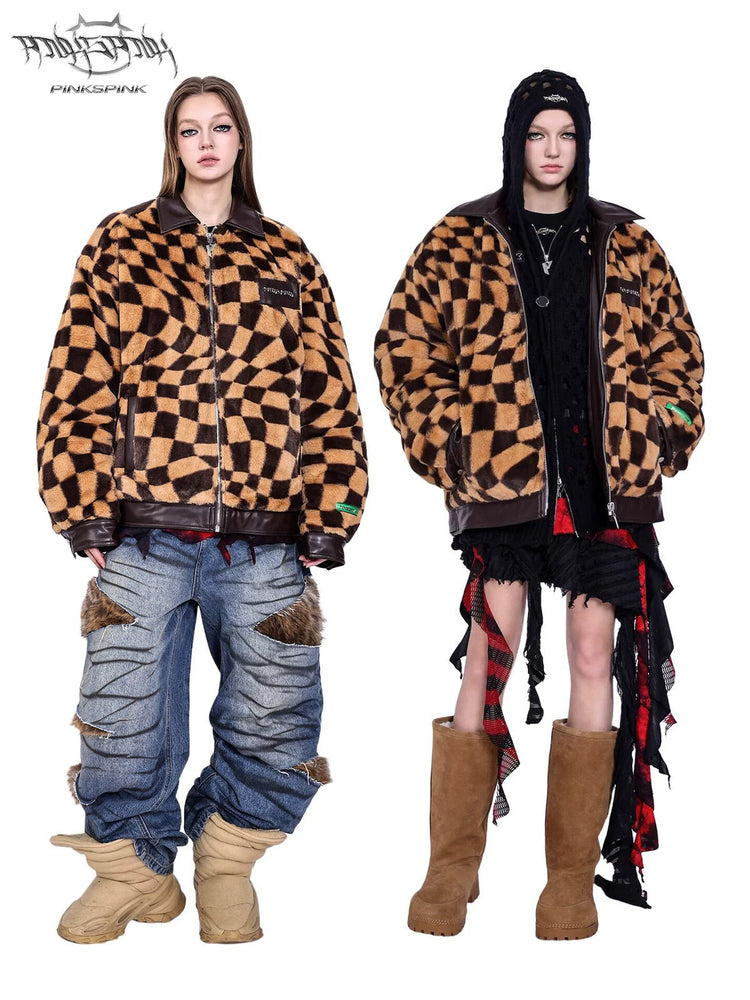 PINKSPINK WARPED checkerboard padded faux-fur jacket — caramel brown checkerboard jacket — two front modeled looks