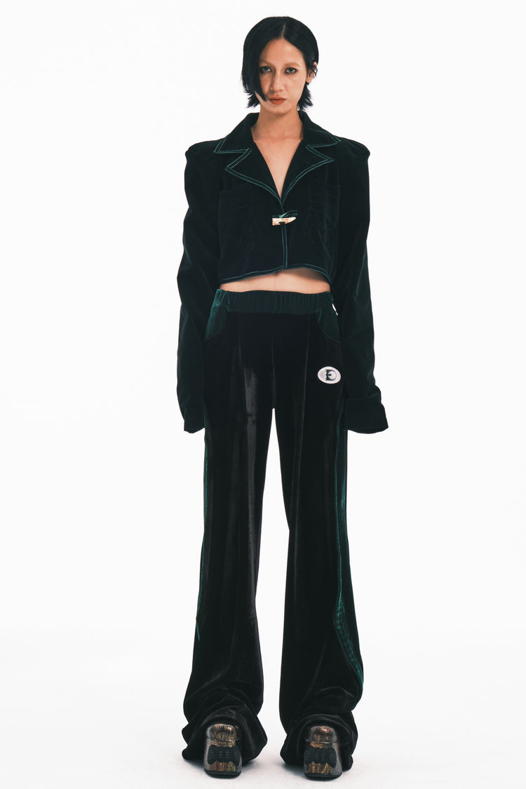 EMBRYO GREEN SPIKE velvet wide-leg pants — additional product detail view
