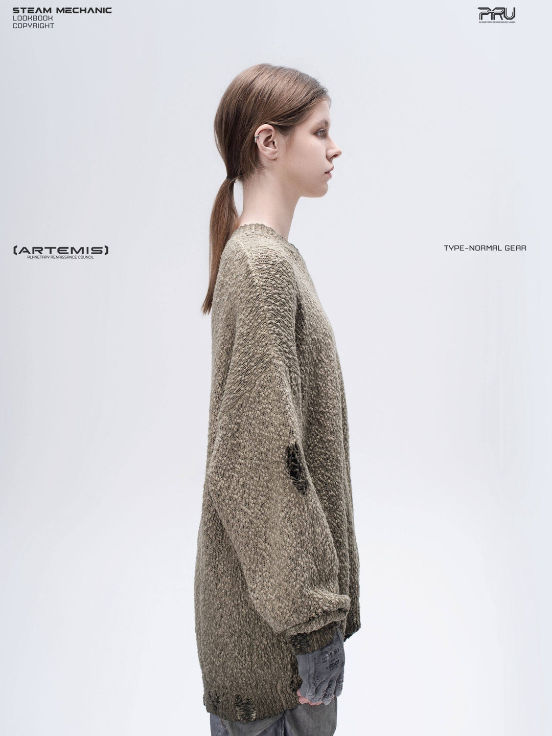 ARTEMIS distressed reversible knit sweater, mercury brown — close side-profile view showing the dropped shoulder and knit texture