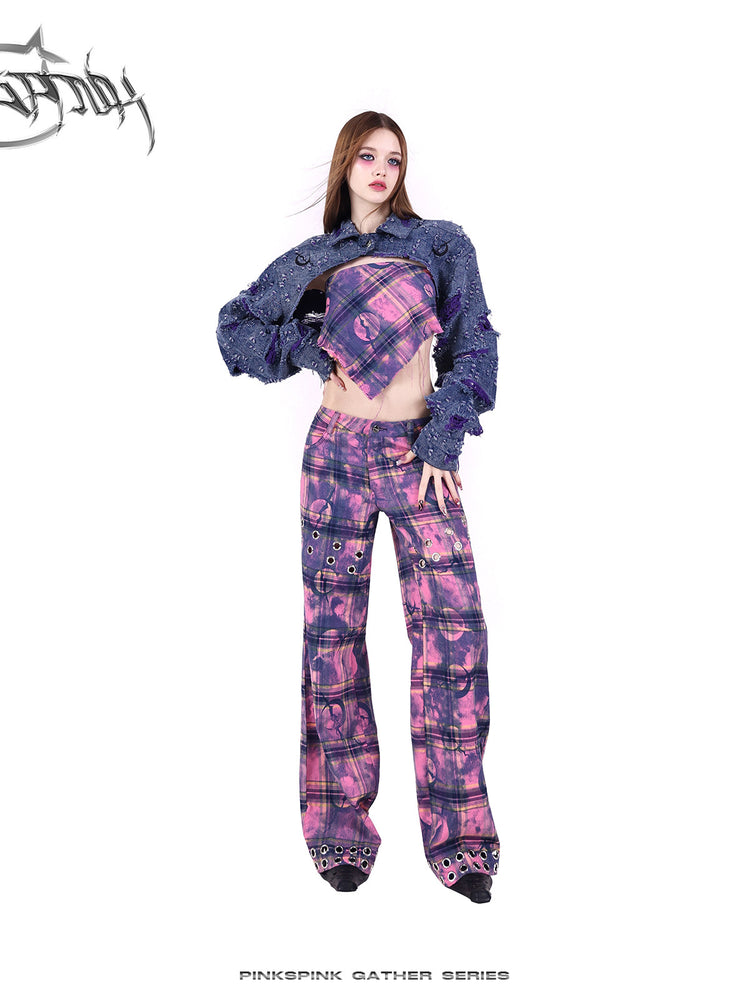 PINKSPINK BROKEN VIOLET distressed denim cropped jacket — close modeled view highlighting the construction