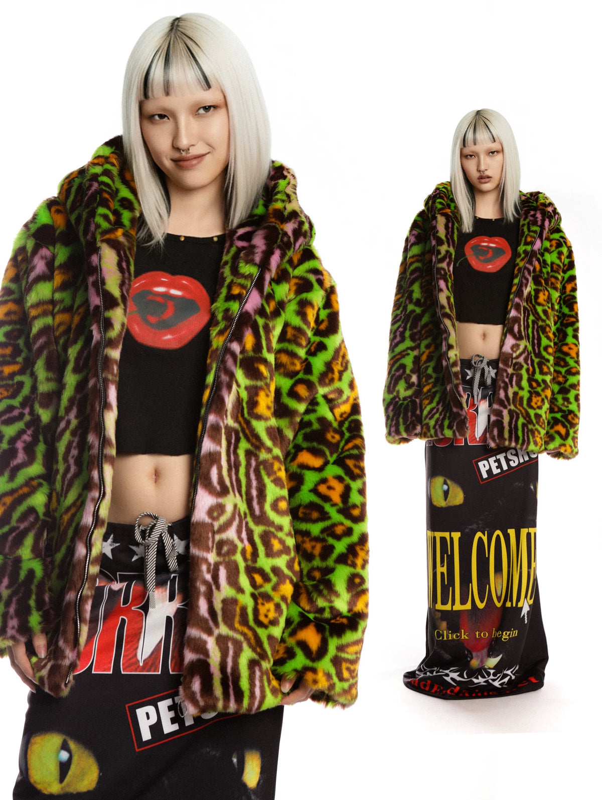 DeadEndKids leopard-print faux-fur hooded jacket in yellow green — front and full-length modeled views