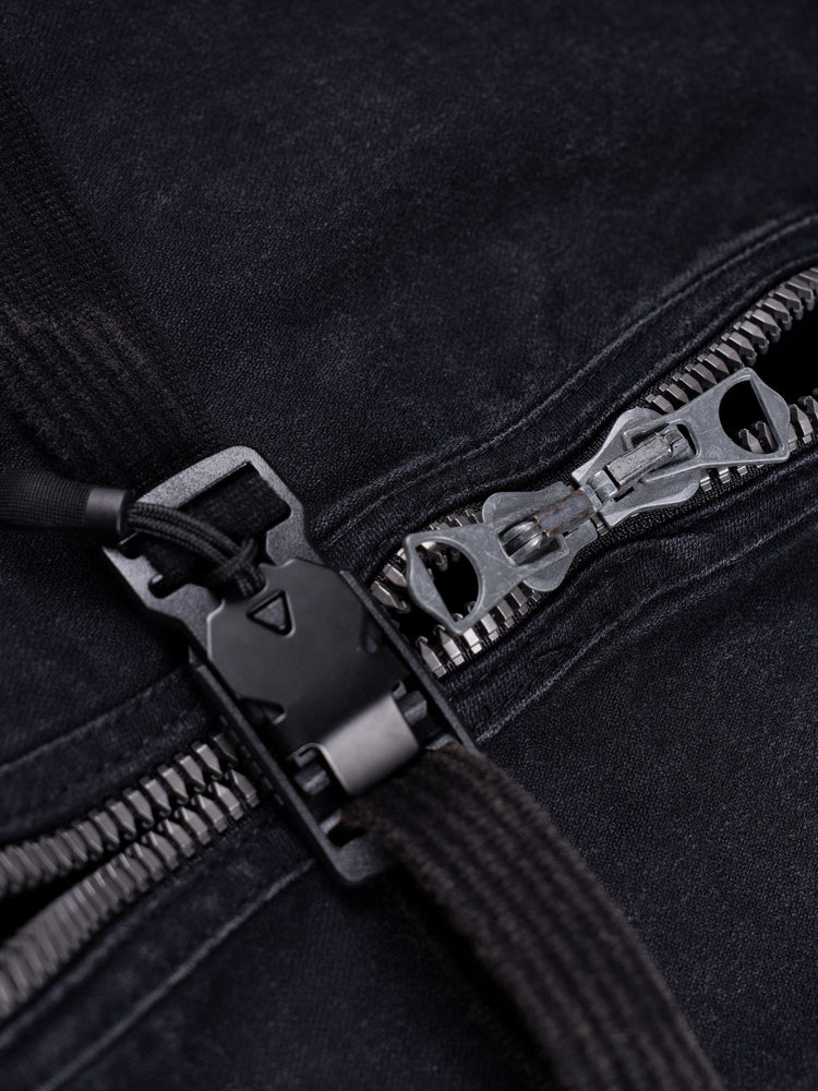 GAIA night black priest zip robe jacket — two-way zipper sliders and waist buckle hardware close-up