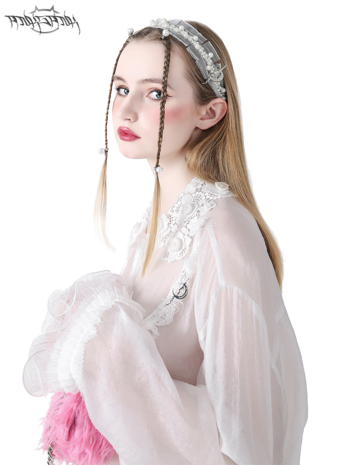 PINKSPINK FAIRY lace-trim sheer blouse — side modeled close-up showing the lace collar and ruffled cuff