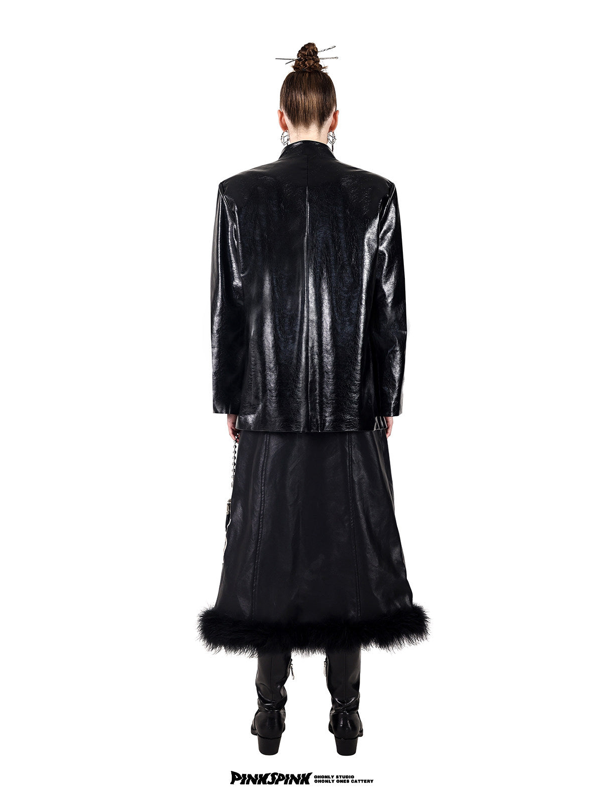 PINKSPINK ELECTRIC MOON embroidered buckle jacket — black full-length back modeled view showing the plain rear panel