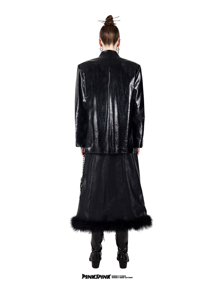 PINKSPINK ELECTRIC MOON embroidered buckle jacket — black full-length back modeled view showing the plain rear panel
