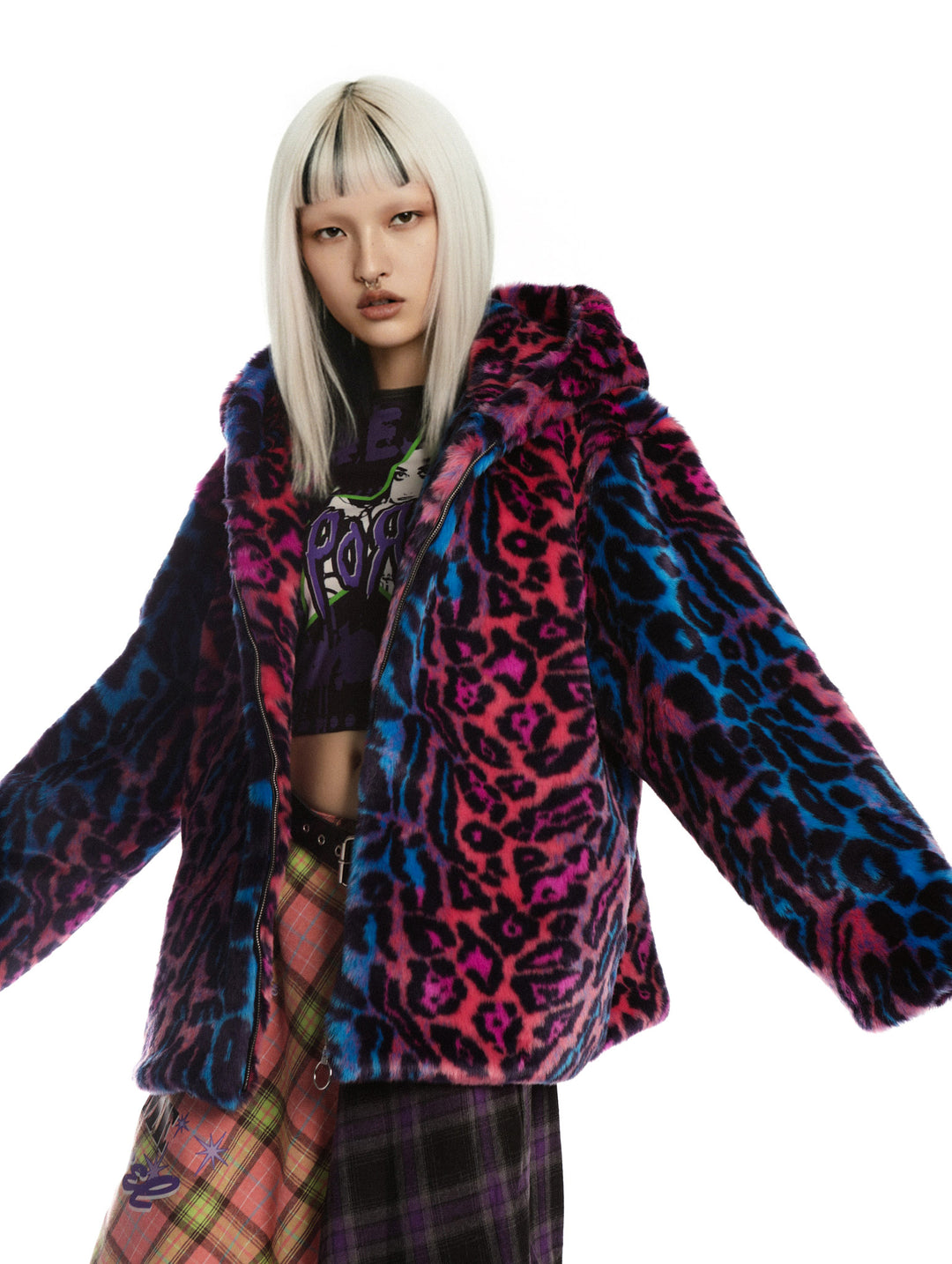 DeadEndKids leopard-print faux-fur hooded jacket in blue purple — modeled view showing the loose sleeves
